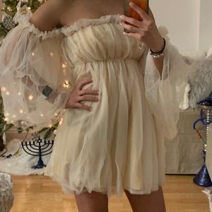 Romantic Off Shoulder Flounce Long Sleeve Wedding Ruffle Mesh Party Mini Dress